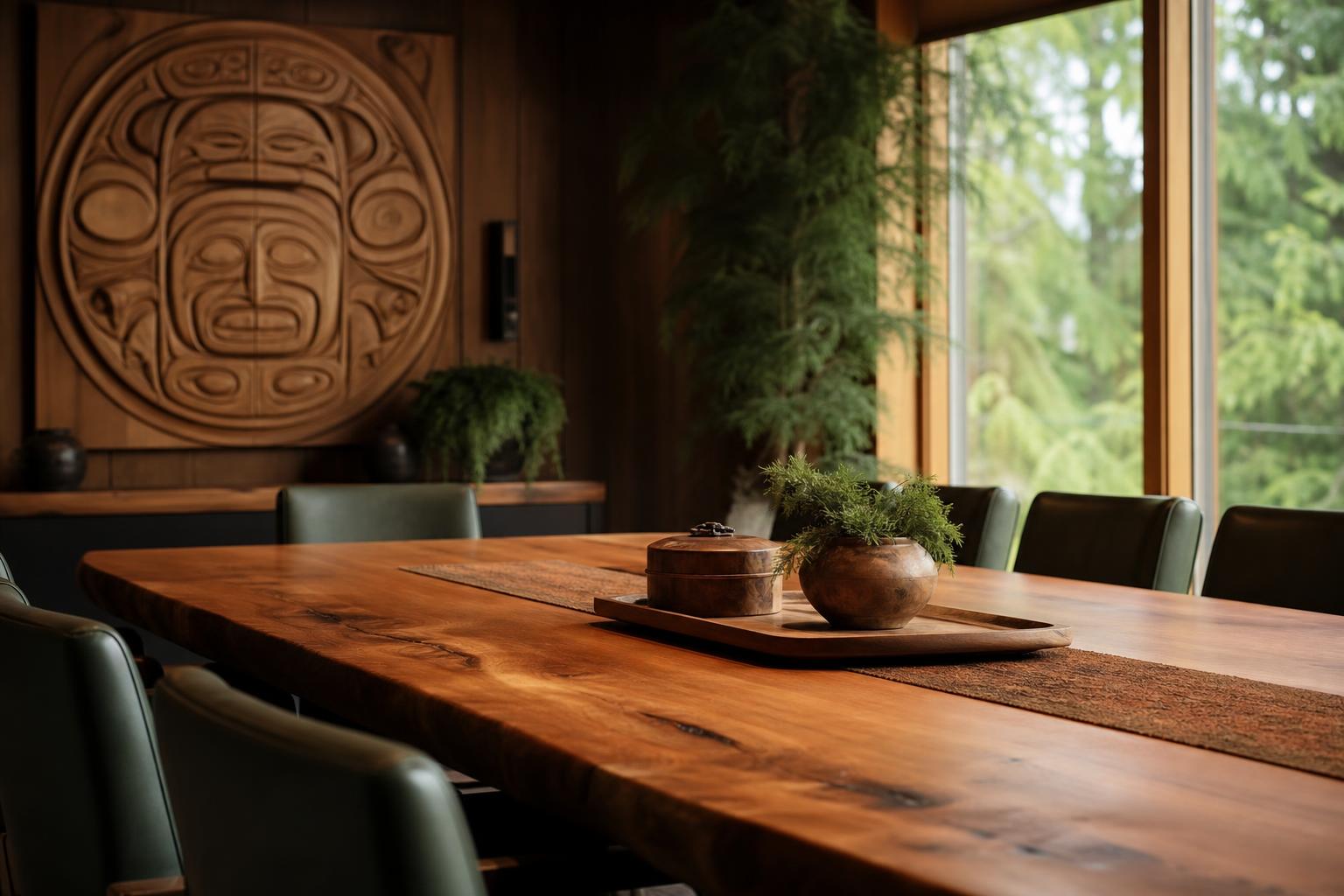 Warmly lit governance meeting space with Indigenous carved artwork and natural wood board table